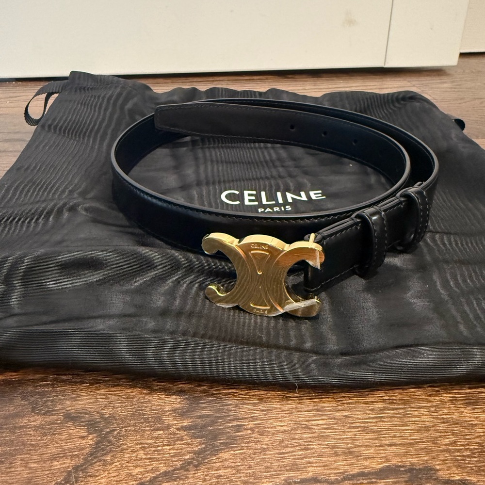 Celine Black Leather Belt with Gold Triomphe-Inspired Buckle